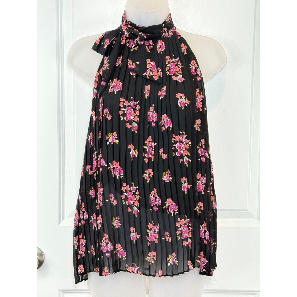 ELLE Black Floral Pleated Halter Neck Top Womens XL Blouse Shirt Evening X-Large